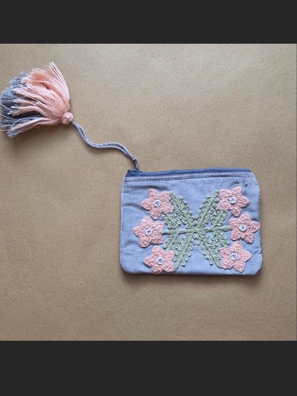 Grey Suede Coin Purse with Pink and Green Floral Embroidery